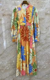 Casual Dresses 2023 Spring Long Dress High Quality Ladies Big Yellow Floral Prints Tunic Button Front Sleeve Beach Maxi
