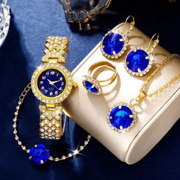 Other Watche Blue Watch Ring Necklace Earrings Bracelet Set Diamond Fashion Wristwatch Female Casual Ladies Quartz Jewellery 231117