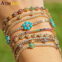 Cuff Arrived Rainbow CZ Colorful Flower Tennis Link Chain Bracelet For Women Girls Iced Out Bling CZ Paved Daisy Flower Bracelet 231116