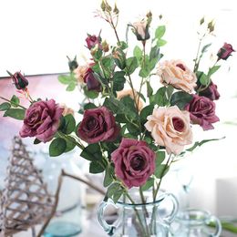 Decorative Flowers 3 Heads/bouquet Silk Tea Rose High Qualit Artificial Flower Wedding Bouquet For Home Room Decoration