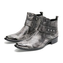 Retro Genuine Fashion Men Leather Ankle Gray Italian Business Dress Shoes Square Toe Cowboy Boots 1174