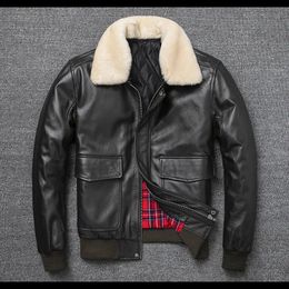 Men's Leather Faux Leather Plus Size Bust 140cm Bomber Men Genuine Leather Jacket Natural Fur Collar Classic Casual G1 Real Cowhide Mens Coat Winter Warm 231117