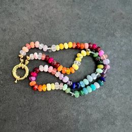 Chokers Bohemian Rainbow Long Necklace Natural Amethyst Aventurine Rose Quartz Chalcedony Yellow Agate Red Agate Mixed Rope Knot Jewellery 231116