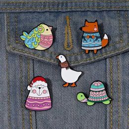 Pins Brooches Hpy Winter EnamelPinsCustomBird Cat Fox Turtle Goose BroochesLelBadgesAnimalSweater JewelryGiftforKidsFriendsL231117