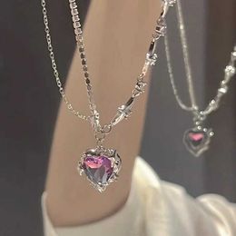 Pendant Necklaces Fashion Sweet Cool Purple Crystal Heart Necklace For Women Girl Silver Color Clavicle Chain Y2k Aesthetic Jewelry Z0417