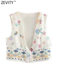 Womens Vests Zevity Women Fashion Deep V Neck Floral Print Buttons Short Vest Jacket Office Lady Sleeveless Slim Linen WaistCoat Tops CT4651 231116