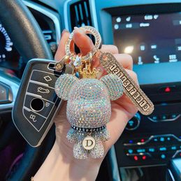 Luxury Handmade Full Rhinestones Bear Keychains Cartoon Anti-lost Number Plate Crown Key Chain Lady Charm Bag Car Key Chains Friend Gift