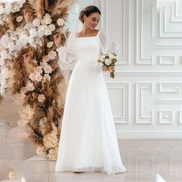 New Simple Wedding Dress 2024 A Line Square Collar Long Sleeve Floor Length Chiffon Beach Bridal Gowns Eleagnt Vestidos De Novia Civil