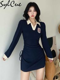Party Dresses Japanese And Korean Department College Wind Dark Blue Slim Vitality Young Knitted Elastic Label Student Sweet Cute Dress 230322