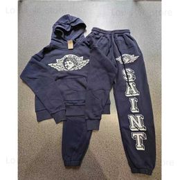 Men's Hoodies Sweatshirts Cracked Angel Print Saint Michael Hoodies Sweatpant Set Men Women Washed Do Old Damaged Hole Trousers Hooded Pullover Suit T231117