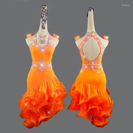 Stage Wear Customised Orange Latin Dance Dress Fishbone Skirt Performance Competition Lady Sexy Backless Show