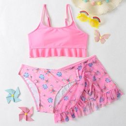 Women's Swimwear Butterfly Print Girl Bikini Swimsuit Kids With Cover 3pack Ruffle Trim Children's 7-14 Years Teenager Bathing Suit 2023