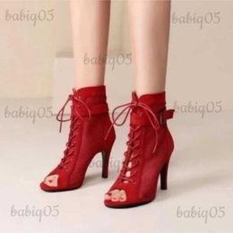 Dress Shoes New Summer Sexy High Heel Cool Boots Fashion Red Mesh Suede Fish Mouth Stiletto Roman Shoes Ballroom Salsa Dance Zapatilla Mujer T231117