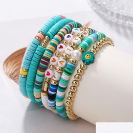 Beaded 7Pcs Faith Bracelets Set Surfer Heishi Beaded Strands Love Heart Charm Soft Clay Stackable Boho Wristbands Women Summer Beac Dh Dha7M