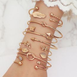 S3845 Fashion Jewellery Golden Leaf Feather Arrow Knot Love Opening Bracelet For Women Bangle Bracelets 10pcs/set