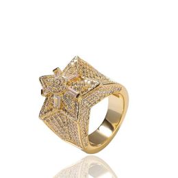 Fashion Hip Hop Mens Bling Ring Trendy Yellow White Gold Plated Bling CZ Diamond Star Rings for Men Women Nice Gift2399