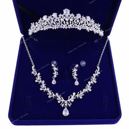 Necklace Luxury Noble Crystal Leaf Bridal Jewelry Sets Rhinestone Crown Tiaras Necklace Earrings Set for Bride African Beads Jewelry Sets F