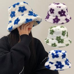 Hats 5 Colors Winter Print Plush Bucket Hat Women Fashion Faux Fur Outdoor Warm Soft Reversible Fluffy Fisherman Cap
