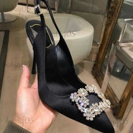 Dress Shoes 2023 Red Wedding Shoes Bridal Shoes Satin Pointed Stiletto Pumps Women's Mid-heel Rhinestone Square Buckle Back Strap Sandals T231117