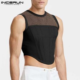 Men s Tank Tops 2023 Mesh Patchwork Round Neck Streetwear Sleeveless See Through Vests Sexy Party Nightclub Crop INCERUN 230417