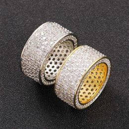 Hip Hop Men Women Ring Yellow White Gold Plated Bling 5Rows CZ Ring for Party Wedding Jewelry Gift235l