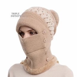 Beanie Skull Caps 2023 Winter Hat Add Fluff Lined Windproof Warm Skullies Beanies Outdoor Neck Protection Set Thick Knitted Wool Bonnets For Women 231117