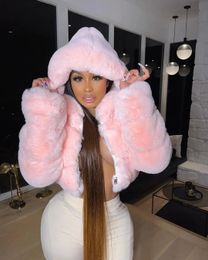 Women's Fur Faux Fur S-2XL Hooded Coats Women Winter Top Fashion Pink FAUX Fur Coat Elegant Thick Warm Outerwear Fake Fur Woman Jacket 231117