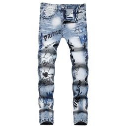 Light Blue Letter Embroidered Men's Jeans Hip-Hop Street Style Denim Pants Spring Summer Casual Slim Stretch Streetwear 28-42