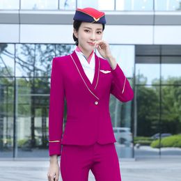 Women's Two Piece Pants IZICFLY Spring Autumn Rose Red Airline Stewardess Clothes Women Pant Suit El Reception Spa Waitress Uniform For Work