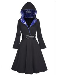 Casual Dresses Sun Moon Star Pattern Hooded Dress Belted High Waisted Long Sleeve A Line Midi Hoodie For Women 2023