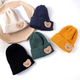 Beanie/Skull Caps Korean Cute Bear Baby Hats For Kids Soft Knitted Cap Warm Beanie Autumn Winter Solid Colour Children Toddler Crochet Hat YQ231117