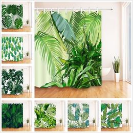 Green Leaves White Shower Curtain Tropical Jungle Bathroom Nature Waterproof Mildew Resistant Polyester Fabric For Bathtub Decor 2260G