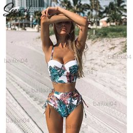 Women's Swimwear High Waist Bikini Set 2022 mujer Push Up Bandage Bikini Swimwear Women Floral Two Pieces Swimsuit Strappy biquinitraje de bao T230417