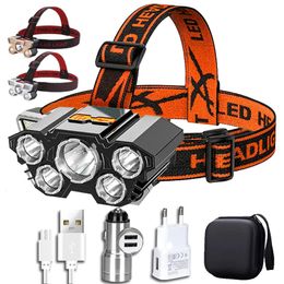 Headlamps USB charging LED five head headlights super bright 18650 builtin battery portable fishing lights 231117