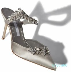 Slim Women Sandals Pumps Grey Green Satin Crystal Mules Embellished Italy Delicate Pointed Toe Ankle Straps Sandal High Heels Box