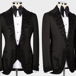 Black Beads Mens Tuxedos 2 Piece Jacket Pants Set Wedding Groom Crystal Beading Peaked Lapel Business Blazer Outfits