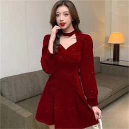 Casual Dresses 2023 Spring Autumn Women's Red Evening Dress Long-Sleeved Slimming Temperament Lady Velvet Chest Wrapping Strapless