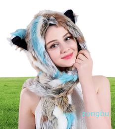 Faux Fur Hood Animal Hat Ear Flaps Hand Pockets Animals Hood Hats Warm Cap With Scarf Gloves