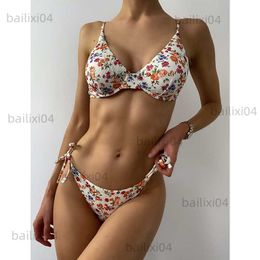 Women's Swimwear MYTENG Ribbed Retro Two Piece Set Bikini New Sexy Underwire Push Up Bra Bathing Suit Swimwear Women Beachwear Biqiuni Summer T230417