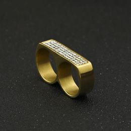 Mens Double Finger Ring Fashion Hip Hop Jewelry High Quality Iced Out Stainless Steel Gold Rings203M