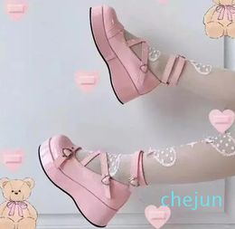 Dress Shoes Wedges For Women Pink Mary Buckle Design Platform Heels Punk Party