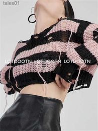 Women's Sweaters LOTDOOTN Y2K Hollow Out Cropped Knit Smock Top Women Vintage Loose Pink Stripes Crochet Pullovers Crop Tops Fairy Grunge Sweater zln231117