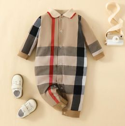 Spring Autumn Baby Brand Rompers Kids Long Sleeve Plaid Jumpsuits Toddler Turn-Down Collar Onesies Newborn Romper