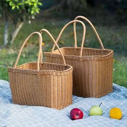 Storage Baskets Handwoven Storage Basket Outdoor Picnic Baskets Rattan Kitchen Fruit Vegetable Bread Shopping Basket Bath Organiser with Handle 230417