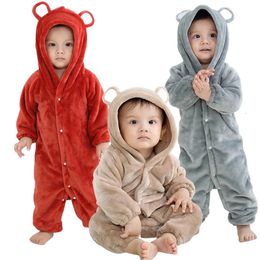 Pyjamas Baby Pyjama Flannel Romper Children's Bear Jumpsuit Hoodie Solid Colour Single Breasted Winter Clothes borns Indoor Clothes 231117