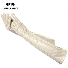 Five Fingers Gloves Fashion beige long leather gloves high-grade long leather gloves women winter genuine sheepskin women's long gloves - CSD2-50CM 231117