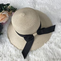 Wide Brim Hats Summer Korean Beach Trip Bow Straw Hat Folding Sunshade Cap Sun Protection Version Female Visors H006