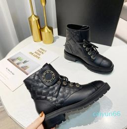 Winter Interlocking Black Ankle Biker chunky platform flats combat Boots low heel lace-up booties leather chains logo buckle women