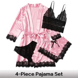 Women s Sleepwear Summer Fashion And Comfortable Nightwear Lace Satin With Silk Robe Sexy Pajama Pants Home Clothes 231117