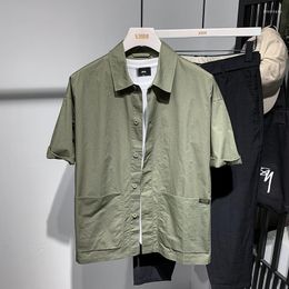 Men's Casual Shirts Japanese Solid Colour Shirt Men's Short Sleeve Summer Retro Art Youth Personality Pocket Loose Half Non Iron